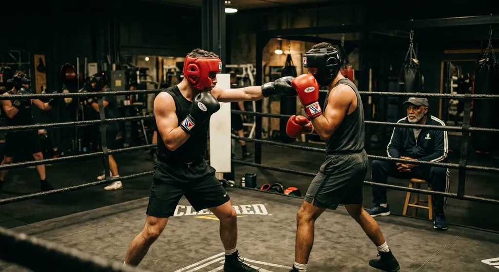 Technical boxing sparring drill at controlled pace with gloves high and clear distance