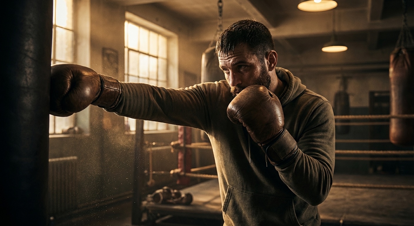 A boxer demonstrating the lead foot pivot position during a hook punch in a professional boxing gym, dark background with gold lighting