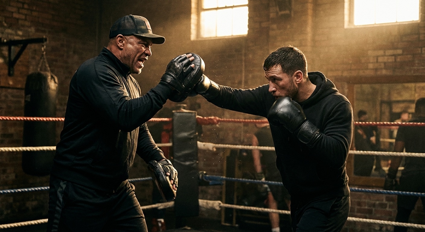 A boxer working combinations on the pads with a coach in a dark boxing gym, lead hook mid-flight, dramatic lighting