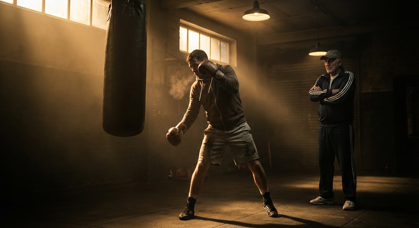 A boxer making the common mistake of dropping their guard while attempting an uppercut in a boxing gym