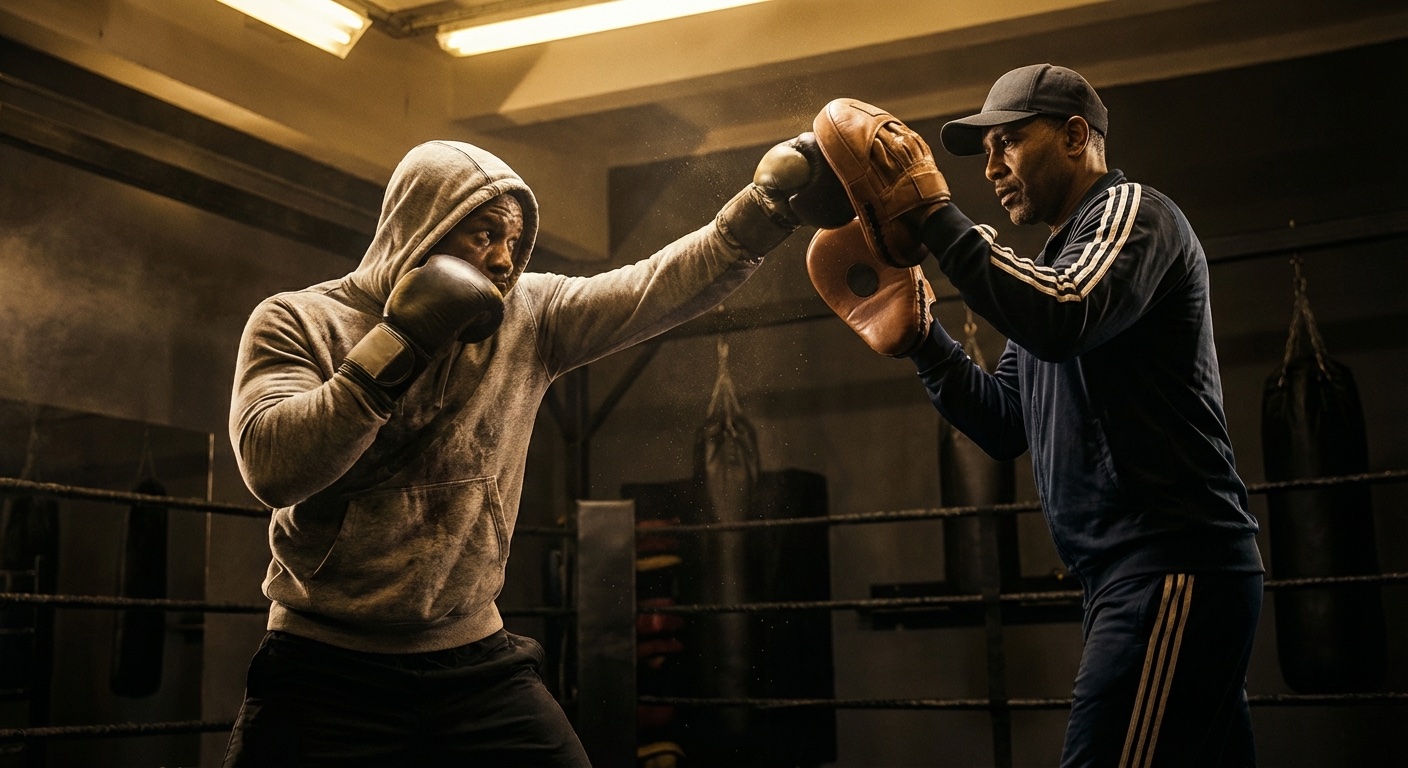 A boxer and coach working combination pad drills featuring the uppercut in a dark boxing gym with gold lighting