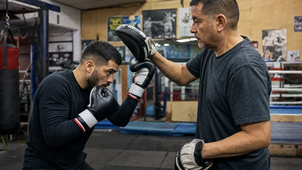 Coach holding pads for an adult boxer practising a short-range uppercut with the opposite glove held high