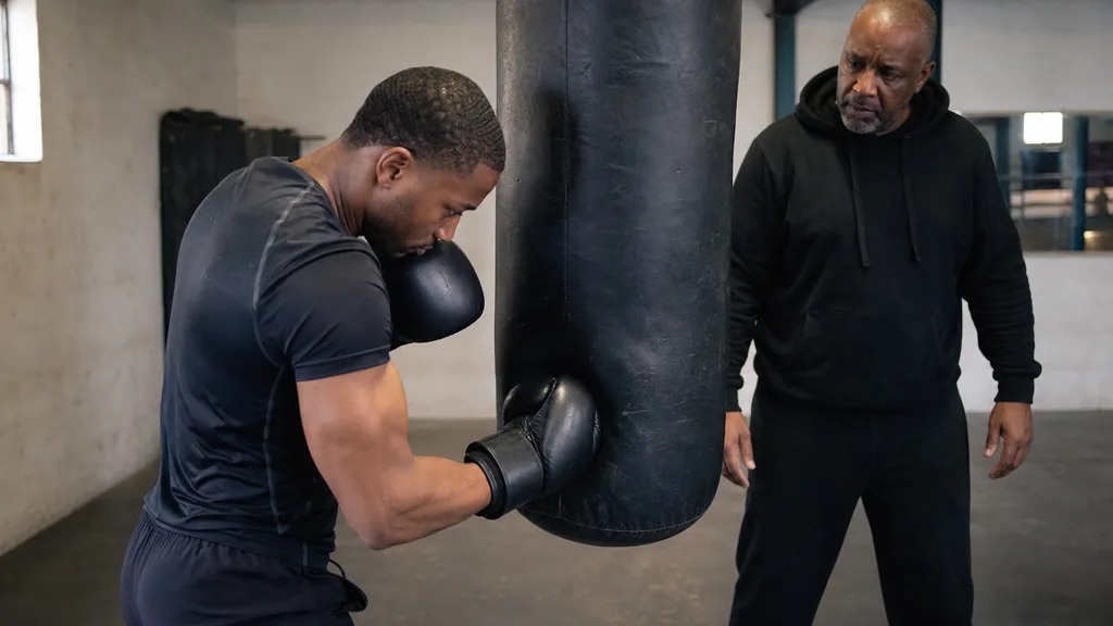 Adult boxer practising a compact uppercut on a heavy bag while a coach watches stance and balance