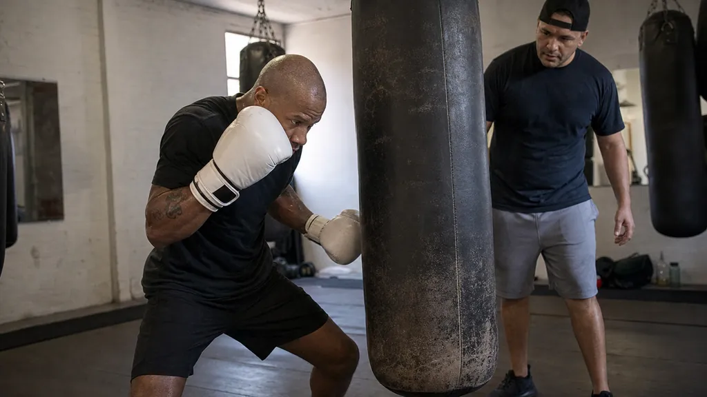 Boxer turning the hips through a mid-range uppercut while a coach checks balance
