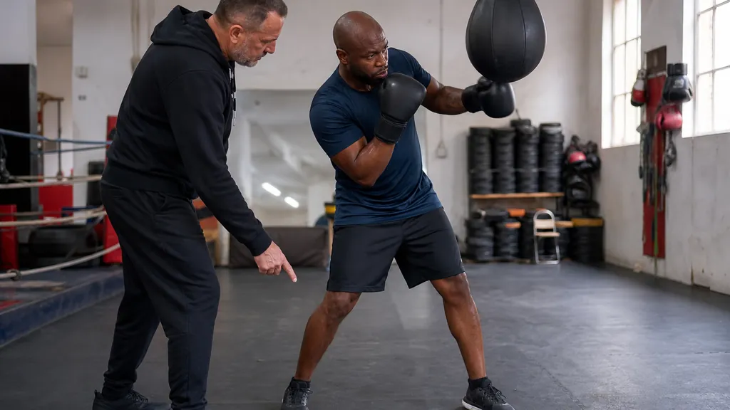 Adult boxer practising a slow uppercut on a teardrop bag while a coach points at foot position