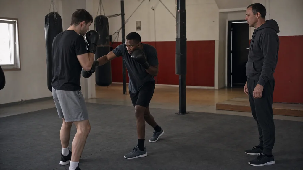 Two adult boxers practising a controlled feint-and-step drill while a coach watches the reactions