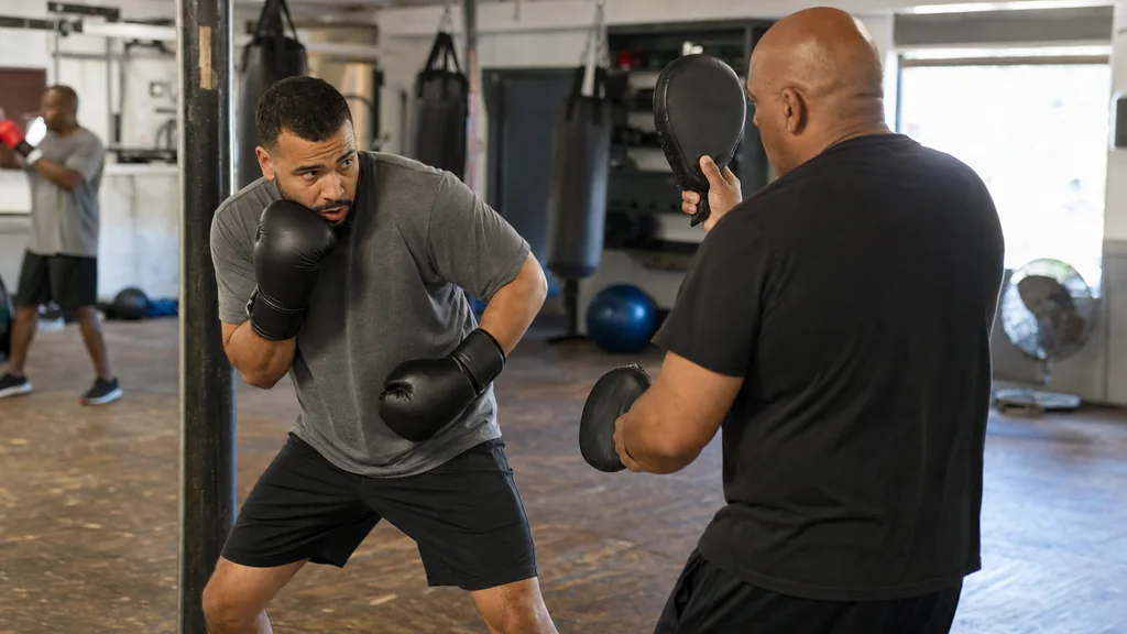 A boxer using a shoulder feint on pads while keeping the rear hand close to the cheek