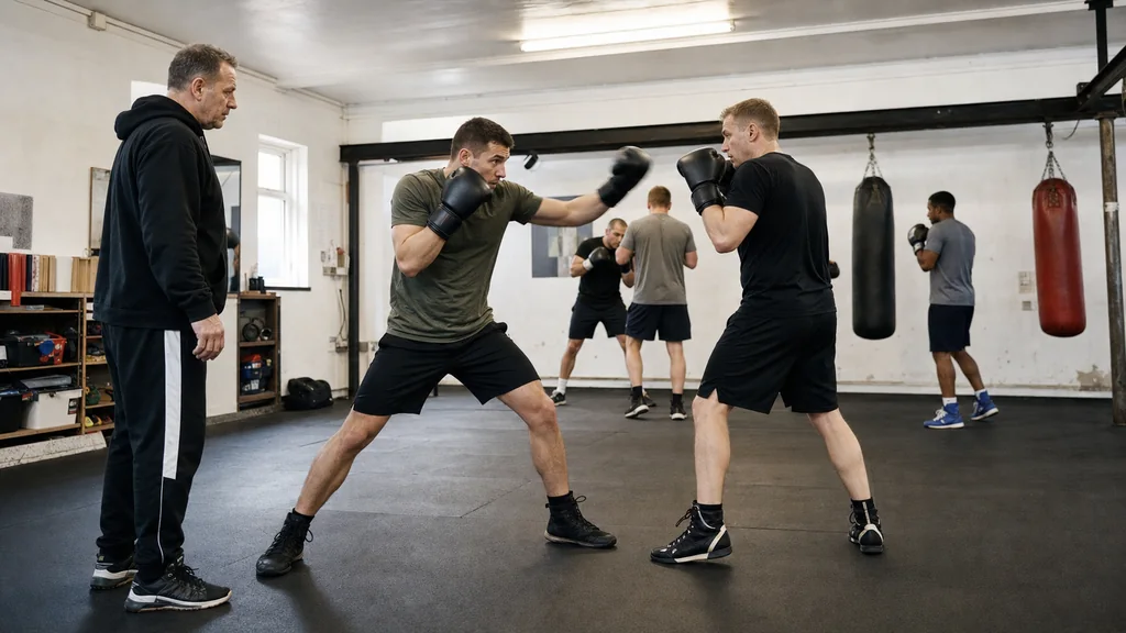 Small group of recreational boxers drilling feints and reactions under coach supervision