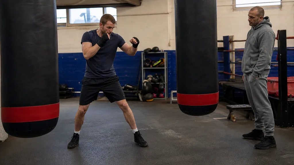Adult recreational boxer writing a short three-round training plan beside a heavy bag in a community boxing gym