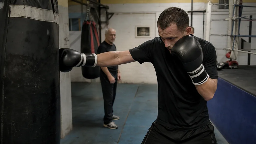 Adult boxer using relaxed shadow boxing and small footwork between heavy bags while a coach observes