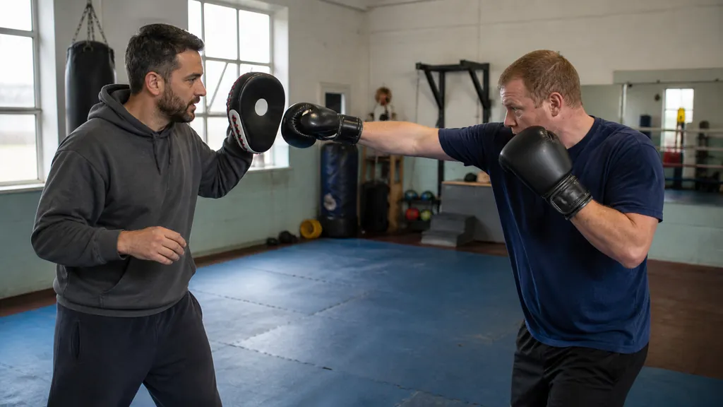 Adult recreational boxer landing a measured jab-cross on a heavy bag with a compact guard in a community boxing gym