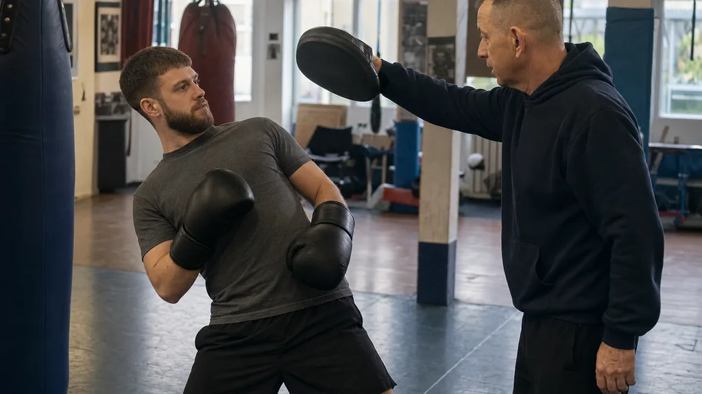 Coach checking a beginner boxer keeps the rear glove high during a layback drill