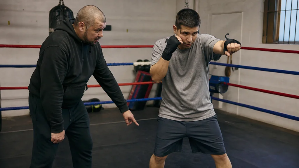 Adult boxer practising a layback-to-counter pattern on pads while keeping both feet in stance