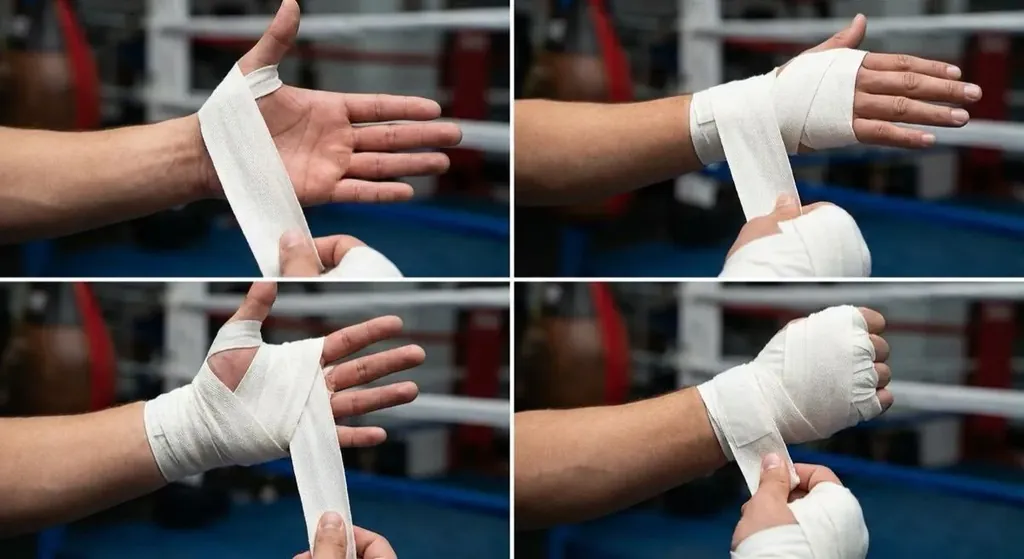 Fresh hand wraps laid out beside boxing gloves before training