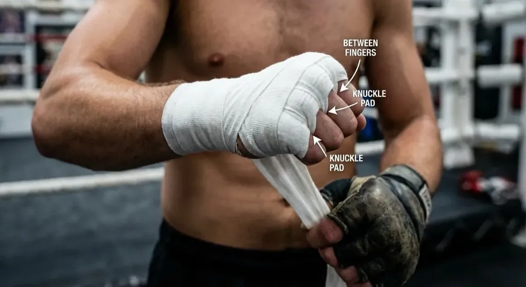 A boxer tightening clean hand wraps before a bag-work round