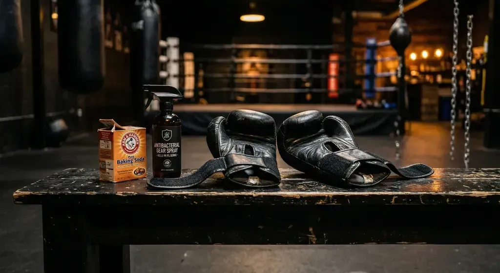 Open boxing gloves airing after a training session