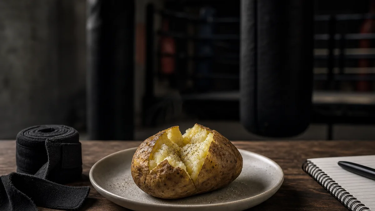 A baked potato beside boxing wraps in a dark gym setting