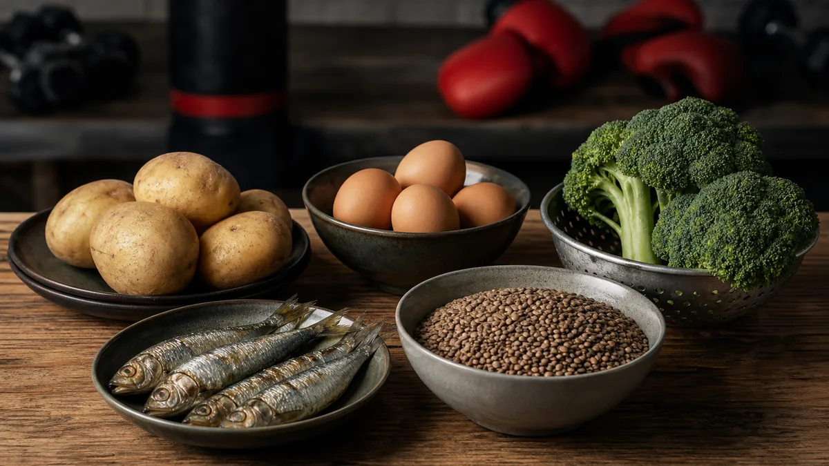 Five whole foods for boxing nutrition: potatoes, eggs, sardines, lentils and broccoli
