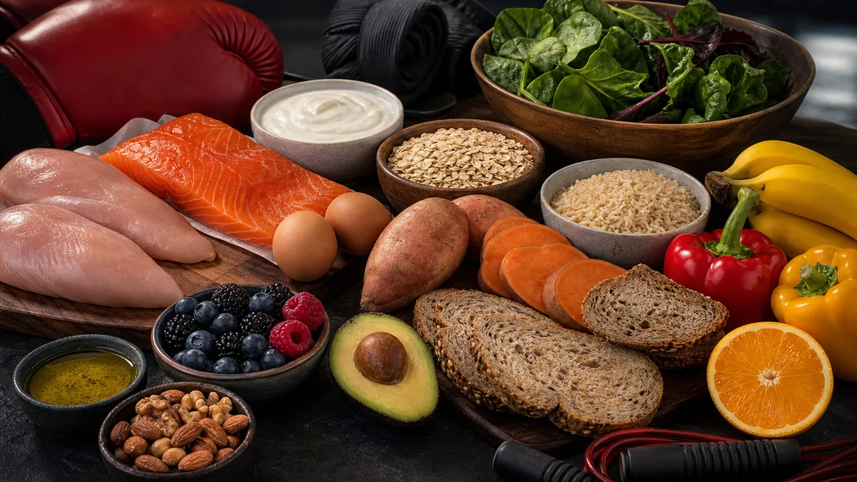A whole-food spread for boxing nutrition, arranged in a dark gym setting