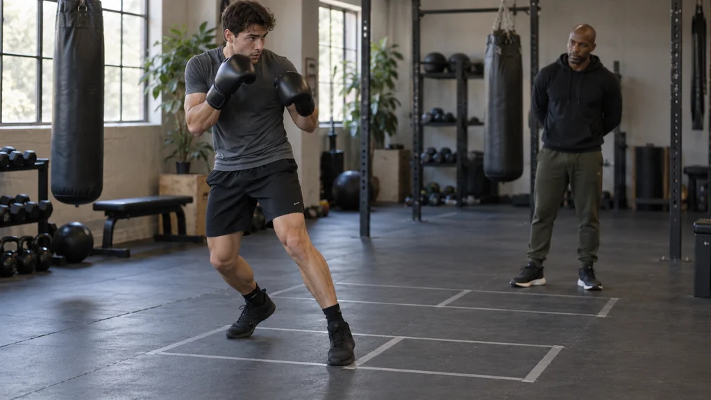 Adult boxer moving backward from a taped floor marker with both gloves high while a coach watches a controlled boxing footwork drill