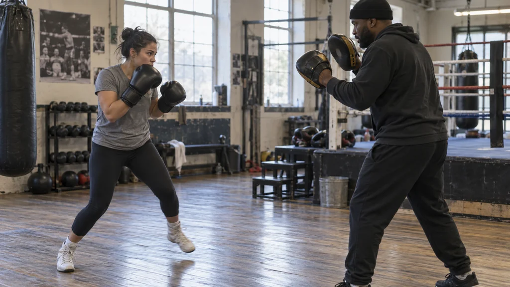 Adult boxer preparing for a compact lateral step during a low-intensity focus-mitt footwork drill with a coach in a community boxing gym