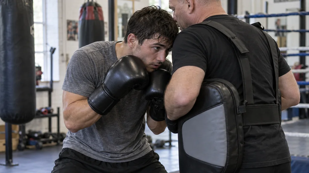 Two adult boxers using compact guards during a slow shoulder-side positioning drill while a coach observes in a community gym