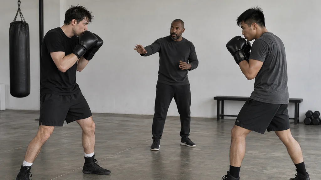 Adult boxer holding a compact guard beside a coach with a body shield during a controlled close-range boxing drill