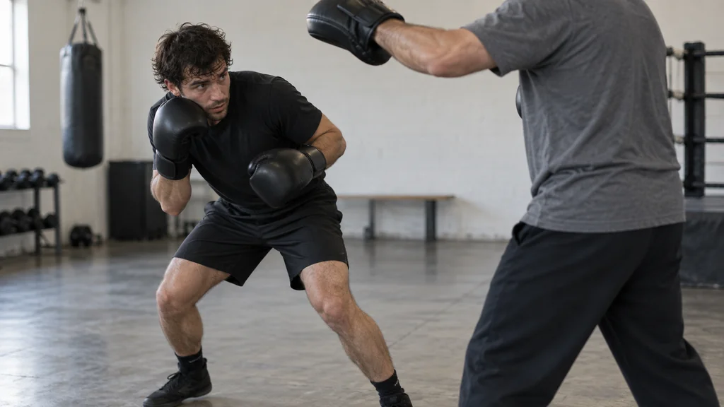 Adult boxer practising a compact inside slip beneath a controlled focus-mitt cue in a community boxing gym