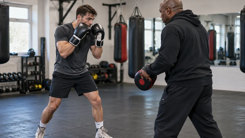 Adult recreational boxer rehearsing a compact guarded stance with a coach during a technical boxing drill