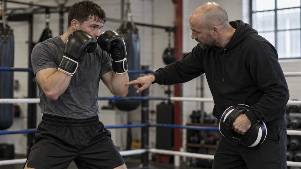 Boxing coach checking an adult boxer's guard and compact punching distance between focus-mitt repetitions