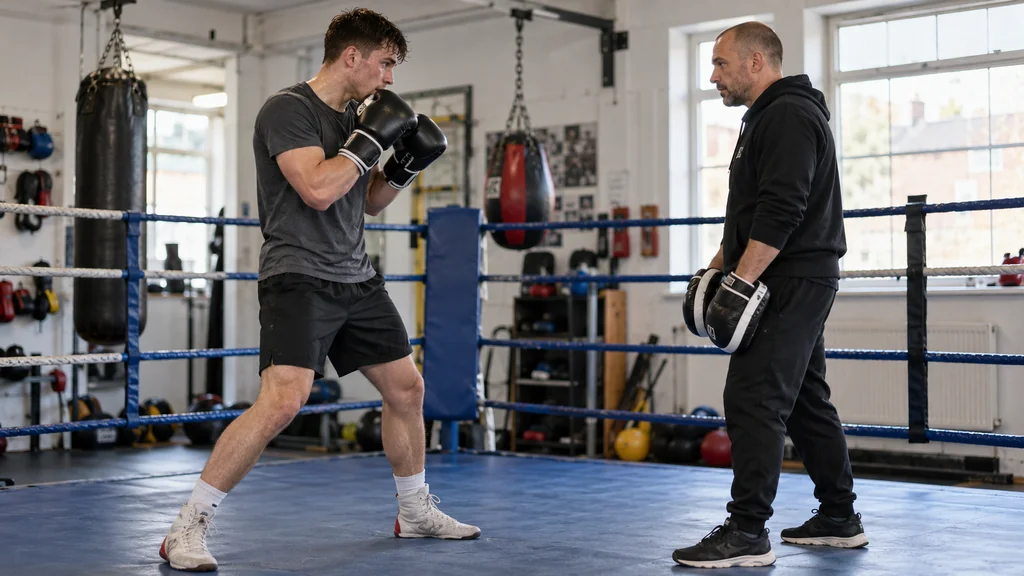 Adult recreational boxer resetting in balanced high guard with a coach after a slow focus-mitt drill