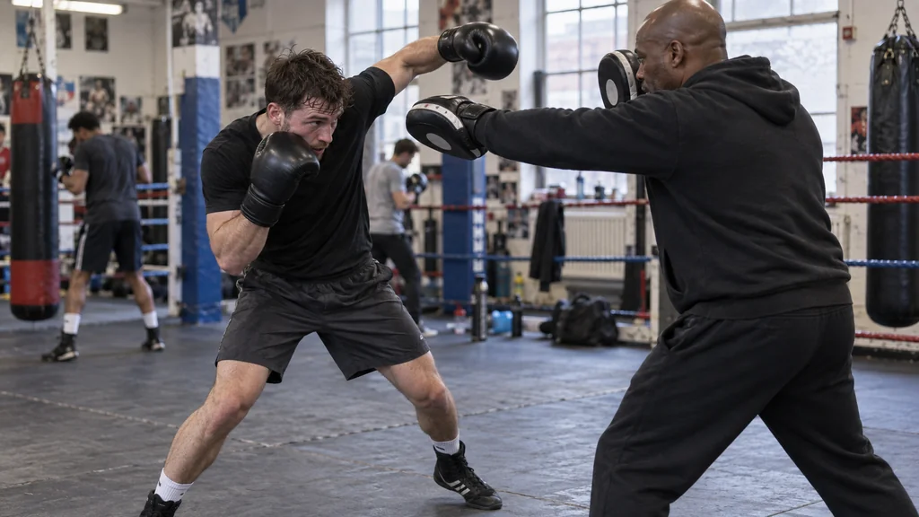 Adult recreational boxer making a small inside slip from a slow coach-held jab mitt while keeping the rear glove near the cheek in a community boxing gym