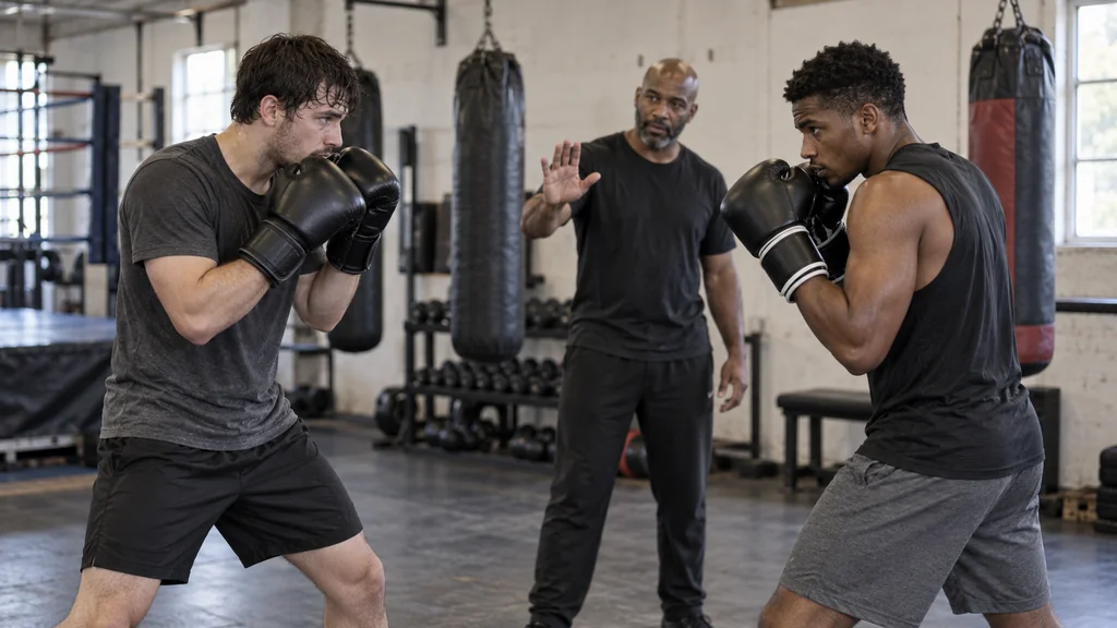 Adult boxer throwing a compact rear overhand right to a focus mitt after a small inside slip while the lead glove remains near the cheek
