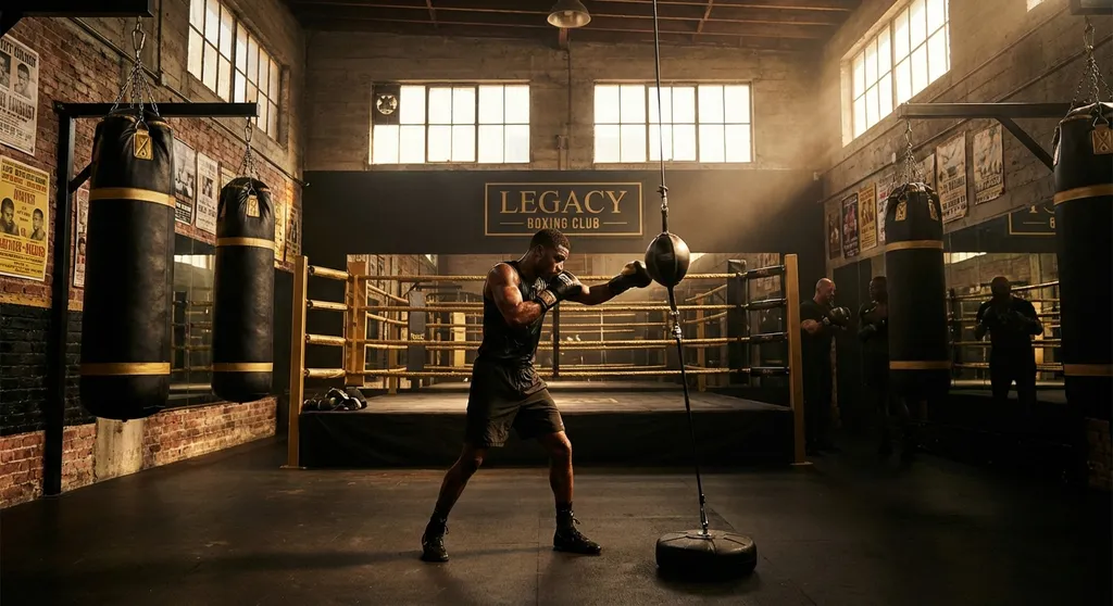 Interior of a community boxing gym with training equipment