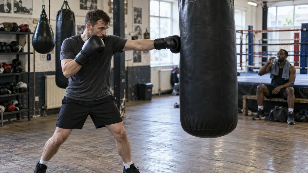 Adult boxer practises a controlled jab-and-reset drill while another trainee takes water between rounds