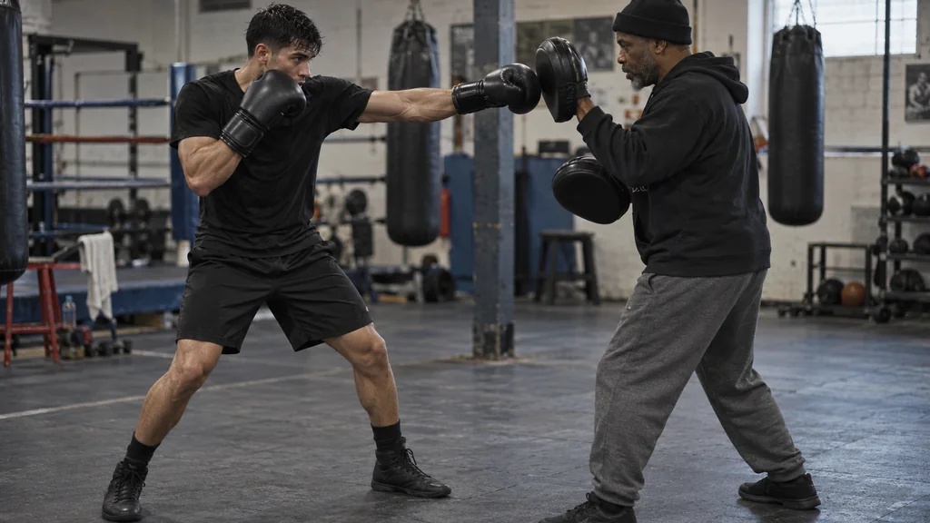 Adult boxer using a compact lead-hand post after a technical rear-straight mitt cue while keeping the other glove near the cheek