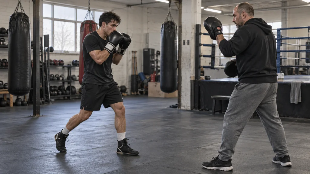 Adult boxer taking a small step back into a high guard while a coach holds focus mitts at safe technical range
