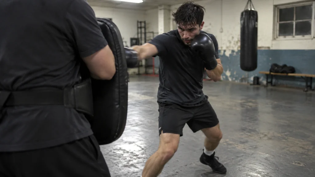 Adult boxer throws a controlled one-two on coach-held mitts during an ordinary community boxing gym session