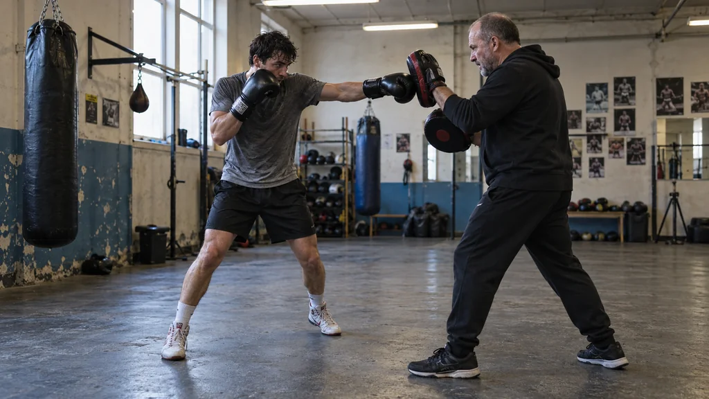 Boxer practises a compact jab-cross exit on focus mitts, with both gloves high and a coach guiding the drill