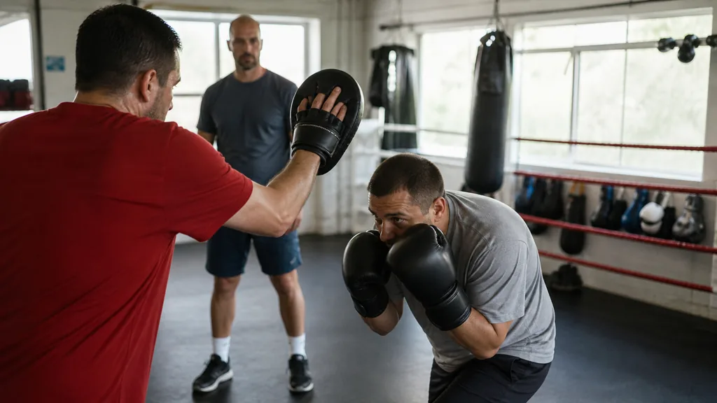 Adult boxer using a compact knee-bend duck under a light focus-mitt cue with both gloves high during a supervised drill