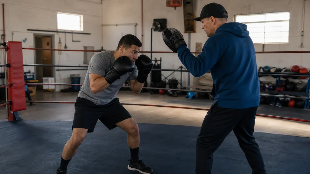 Adult boxer rising back to a high guard after a small defensive level change while a coach holds a focus mitt in a community boxing gym