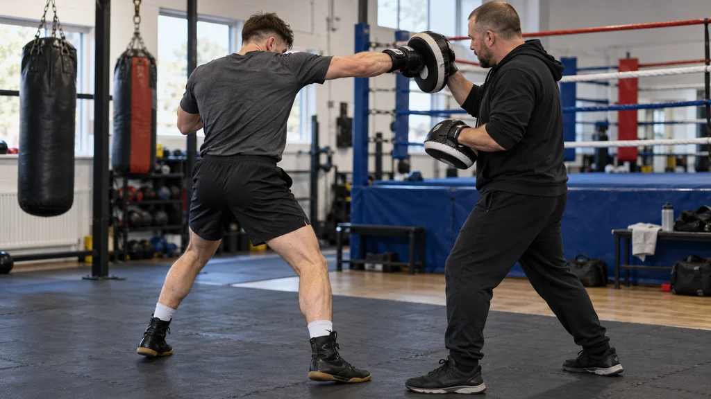 Adult recreational boxer using a controlled jab to a coach-held mitt with a balanced stance in an unbranded community boxing gym