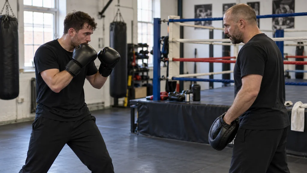Two adult recreational boxers finishing a controlled mitt drill in a balanced guard in a plain community boxing gym