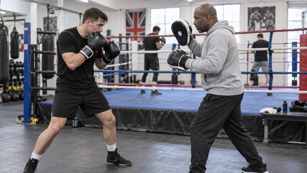 Coach holding a focus mitt at honest middle range while an adult boxer keeps both gloves high and a balanced stance before a rear uppercut drill