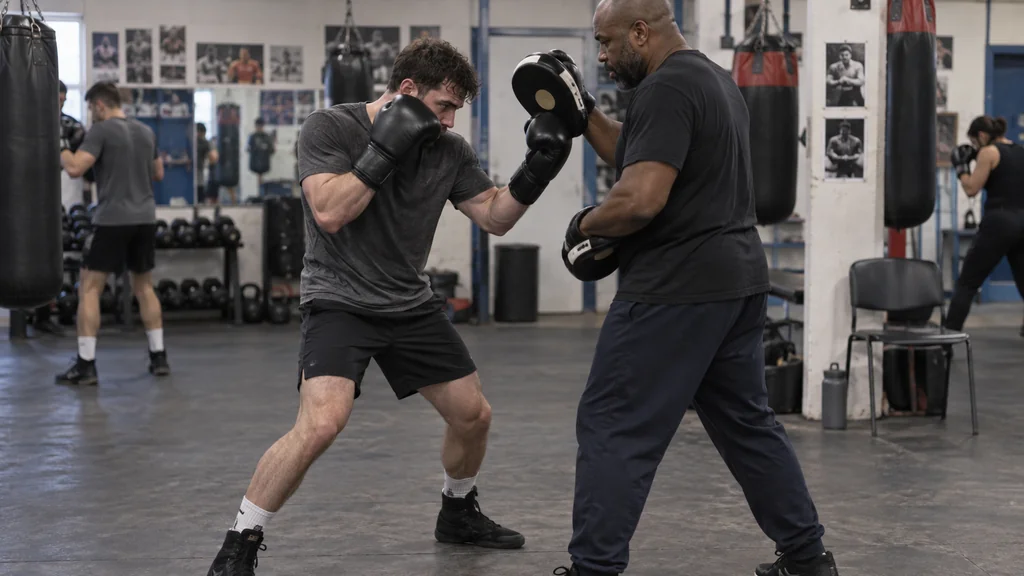 Adult boxer facing a coach-held mitt, with one glove near the target and the other by the cheek