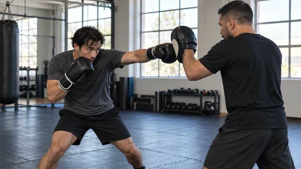 Adult boxer placing a controlled jab on focus mitts while keeping the opposite glove close to the cheek in a community boxing gym