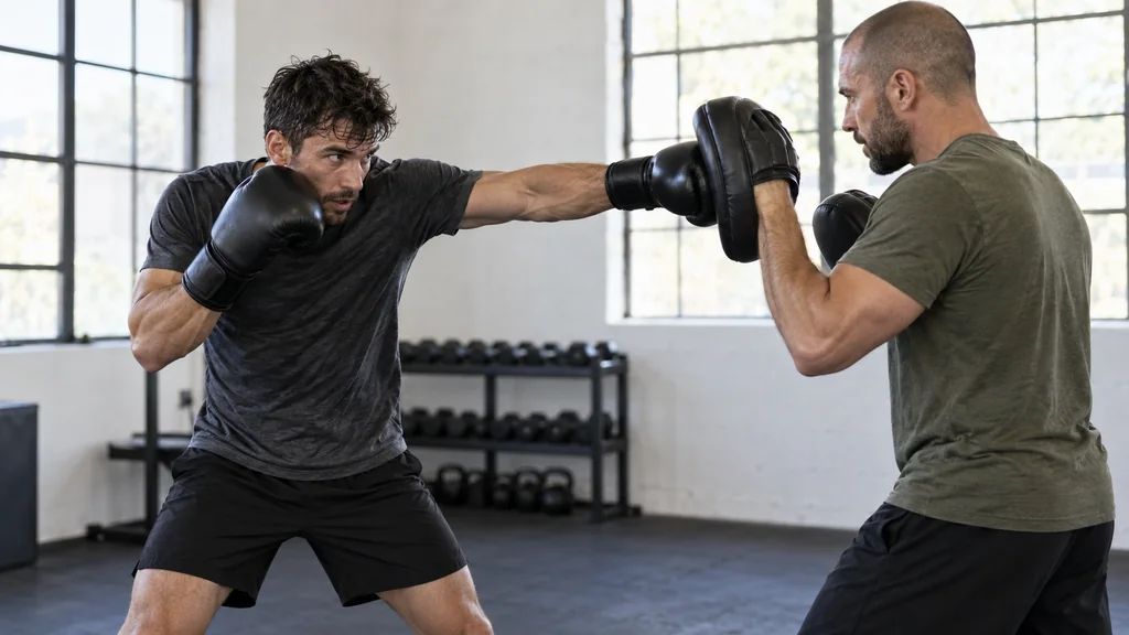 Adult boxer landing a measured rear cross on a focus mitt while returning the lead glove to guard in a community boxing gym