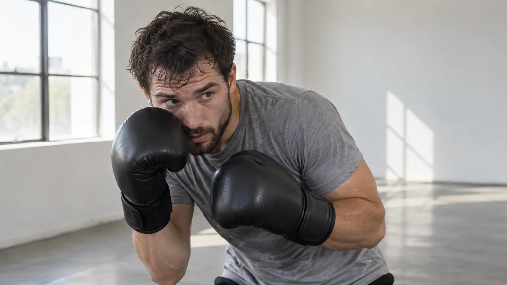 Adult boxer making a compact defensive roll with both gloves close to the face and eyes forward in a bright boxing gym