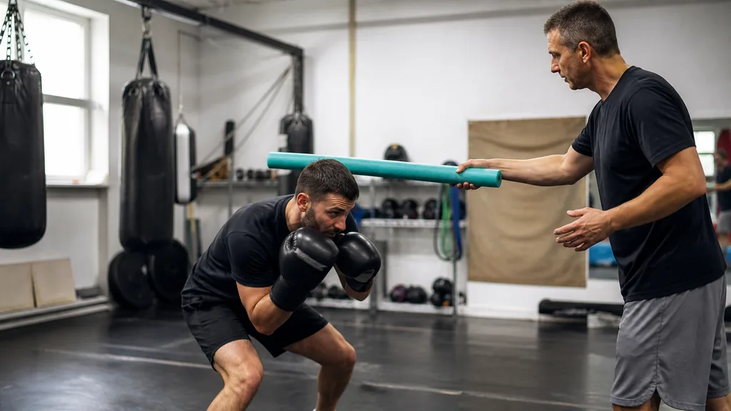 Adult boxer and coach preparing for a controlled short-range hook mitt drill in a community boxing gym