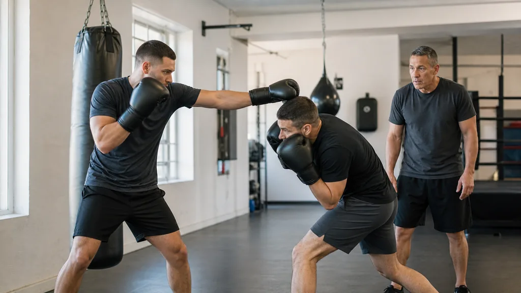 Adult boxer practising a compact roll under a soft coaching cue with eyes up and gloves held close